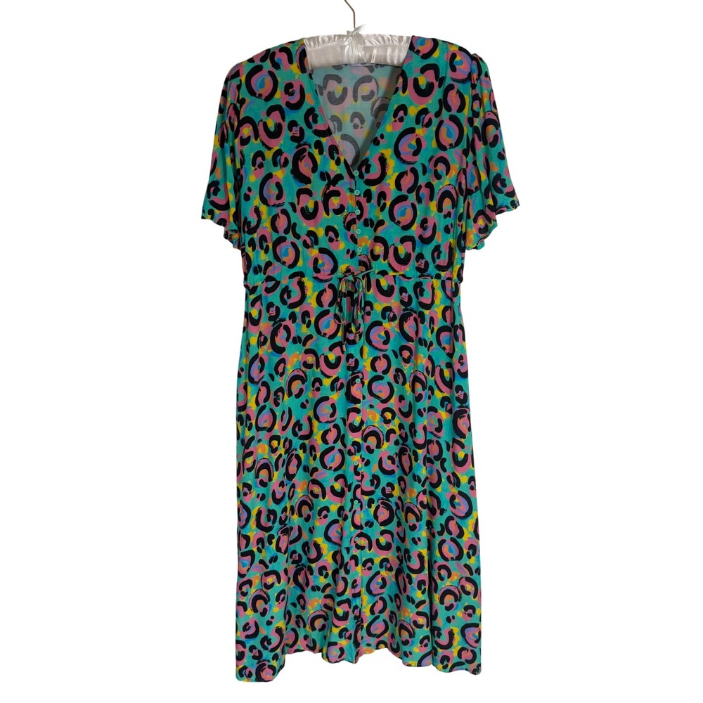 Little Party Dress Leopard Midi Dress Size 12 -- Large Rayon V-Neck Boho Pocket